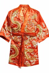 Naklejka premium Orange satin robe, embroidered dragons, Asian design.