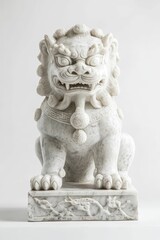 Fototapeta premium White stone lion statue, ornate details, pedestal base.