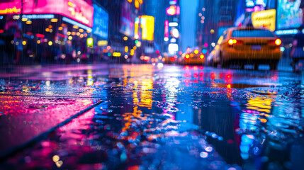 Obraz premium Vibrant New York City street at dusk, reflecting colorful lights in rain puddles. scene captures lively atmosphere and energy of city