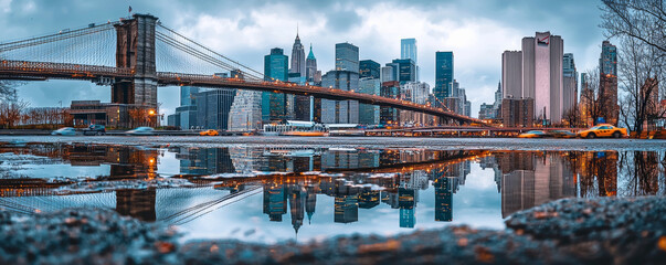 Brooklyn Bridge reflecting in puddles with city skyline backdrop. scene captures vibrant urban...