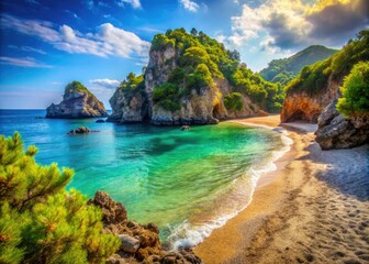 Macro Photography of Vibrant Beach Scene at Paleokastritsa, Corfu, Greece - Scenic Turquoise Waters, Lush Greenery, and Rock Formations in Summer