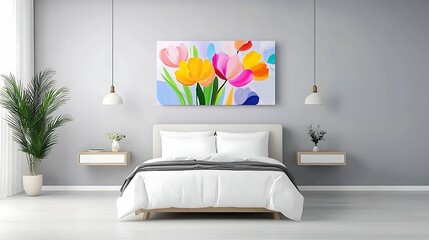 A modern bedroom featuring a white bed, colorful flower artwork, and minimalistic decor, creating a fresh and inviting atmosphere.