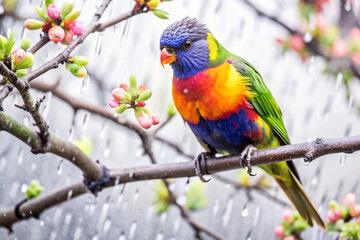 Obraz premium A vibrant rainbow lorikeet perched on a blossoming branch in the rain.