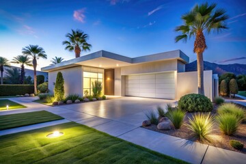 Fototapeta premium Modern All-White Desert Home at Night with Lush Green Grass and Palm Trees, Featuring a Large Garage and Concrete Driveway, Perfect for Real Estate and Architectural Photography