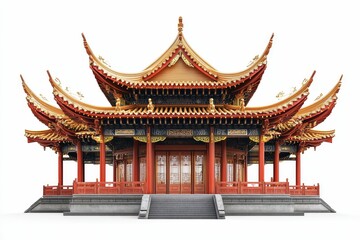 Fototapeta premium Ornate red pavilion, tiered roof, gray stone base.