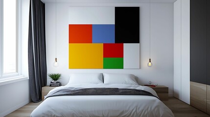 A modern bedroom featuring a colorful geometric painting above a neatly made bed, complemented by natural light and minimalist decor.
