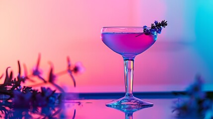 Purple cocktail on a surface glow by a gradient of blue and pink light