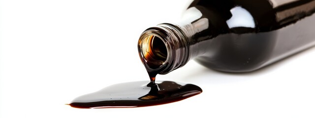 Fototapeta premium A bottle of aged balsamic vinegar with a drizzle, isolated white background, realism art style