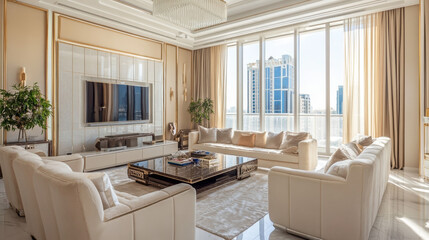 Fototapeta premium A living room styled with soft beige furniture, embodying elegance and comfort, set within a luxury interior of a modern apartment. The design follows a minimalist aesthetic, with a focus on clean 