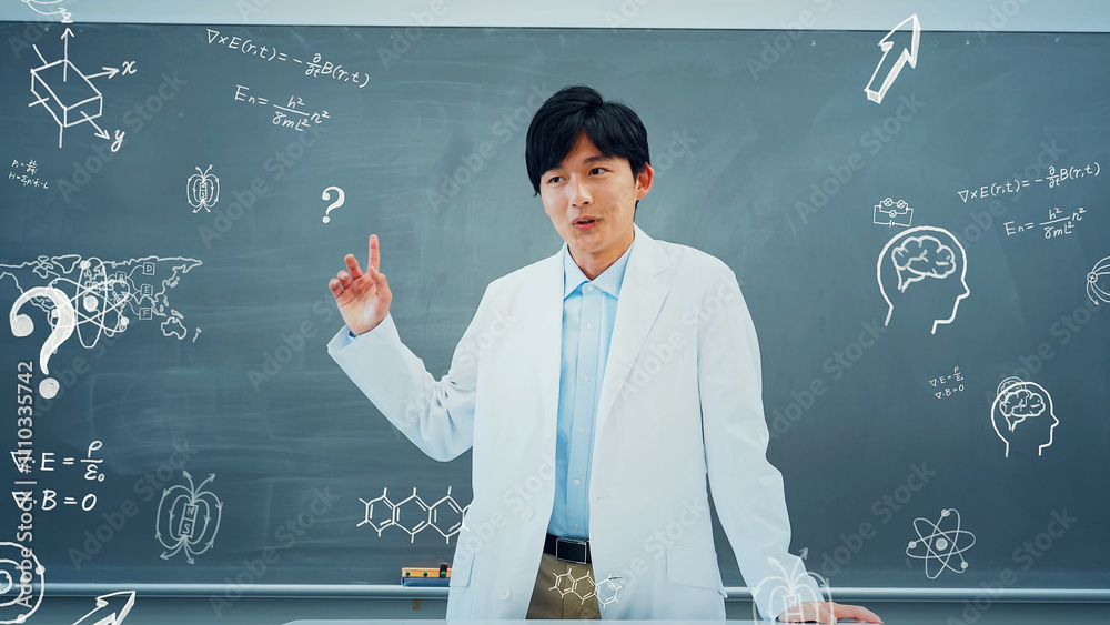 Poster 教師、先生、科学、授業、科目、学問、教育、問題、理科、日本人、男性、教室、黒板、イラスト、図解、教える、白衣、科学者、発表、物理学、研究、研究者、実験、学生、大学、講義、講座、受験、試験、AI、手書き、学習塾、スピーチ、疑問、ハテナ、電気、電子、専門学校、バーチャル、学習、学科、理系、理学部、医療、工学、学校、勉強、テクノロジー、cg、人物