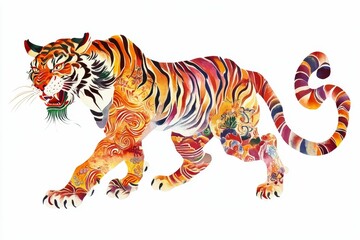Colorful tiger, ornate swirls, walking, white background.
