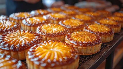 Colorful pastry cakes displayed at a bakery shop for customers