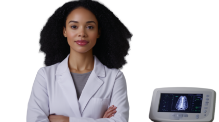 Medical professional in white coat with ultrasound machine on transparent background