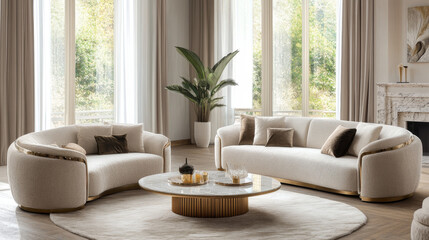 A living room styled with soft beige furniture, embodying elegance and comfort, set within a luxury interior of a modern apartment. The design follows a minimalist aesthetic, with a focus on clean 