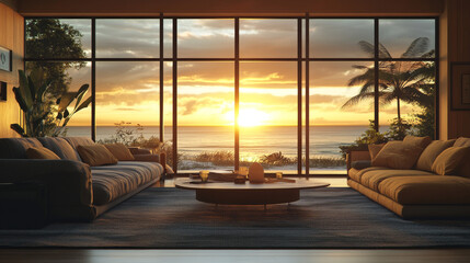 Fototapeta premium A modern living room bathed in the warm, golden hues of a sunset over the ocean, captured in a detailed 3D rendering. The room features floor-to-ceiling windows that span the length of the walls