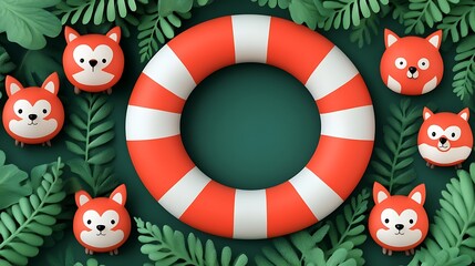 A joyful fox dressed as a lifeguard, watching over a busy beach area