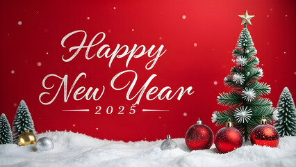 Christmas holiday background with white Handwriting thin Letters happy new year 2025 over red Christmas background with small snow Christmas tree, balls