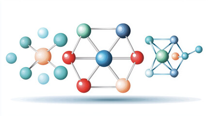 Obraz premium Atomic Number and Chemical Bonding. A diagram illustrating molecular structures with spheres in various colors representing atoms, connected by lines indicating chemical bonds.