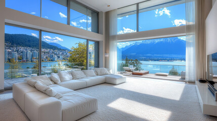 
A modern living room featuring a sleek white sofa positioned centrally on a soft white carpet, exudes elegance and minimalism. 