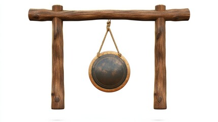 A gong hanging from a wooden frame on a white background