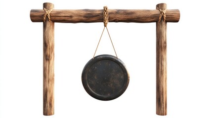 A gong hanging from a wooden frame on a white background