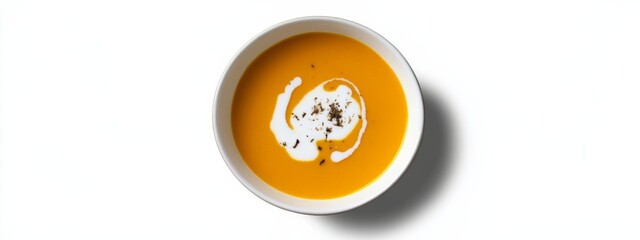Obraz premium A bowl of creamy pumpkin soup with a drizzle of coconut cream, isolated white background, minimalist art style