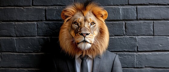 A serious lion wearing a business suit, standing in an office with a city skyline background