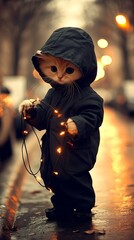 A surprised cat dressed as a firefighter, holding a hose with flames in the background