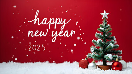 Christmas holiday background with white Handwriting thin Letters happy new year 2025 over red Christmas background with small snow Christmas tree, balls