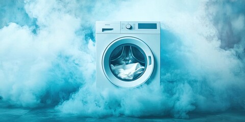 White washing machine is covered in smoke