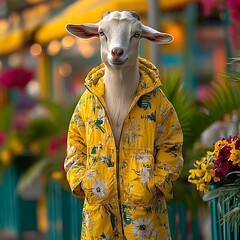A cheerful goat in a teacher&acirc;&euro;&trade;s outfit, instructing students in a classroom