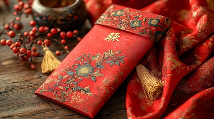 Fototapeta premium Traditional red envelope with floral design and ornaments on wooden table