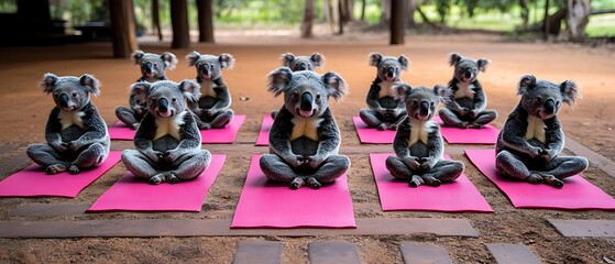 A contented koala dressed as a yoga instructor, leading a class in a serene studio