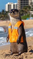 A contented otter dressed as a lifeguard, watching over swimmers at the beach