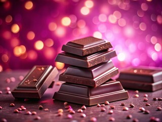 Indulgent Dark Chocolate Pieces on a Soft Pink Background, Perfect for Sweet Treats and Dessert Lovers, Capturing the Richness and Texture of Gourmet Chocolates