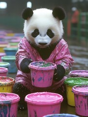 A contented panda in a painter&acirc;&euro;&trade;s smock, creating artwork in a bright studio