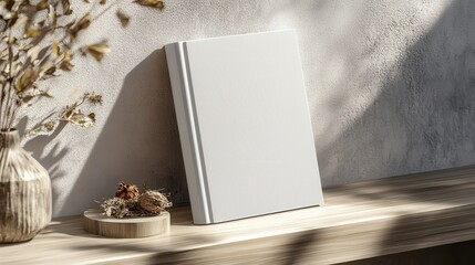 Fototapeta premium Elegant Book Mockup on Wooden Shelf with Dried Flowers and Sunlit Wall Background Aesthetic Home Decor