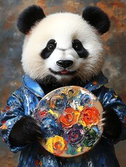 A contented panda in a painter&acirc;&euro;&trade;s smock, creating artwork in a bright studio