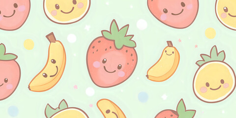 Adorable Kawaii Fruit Pattern Featuring Smiling Fruits in Soft Pastel Tones