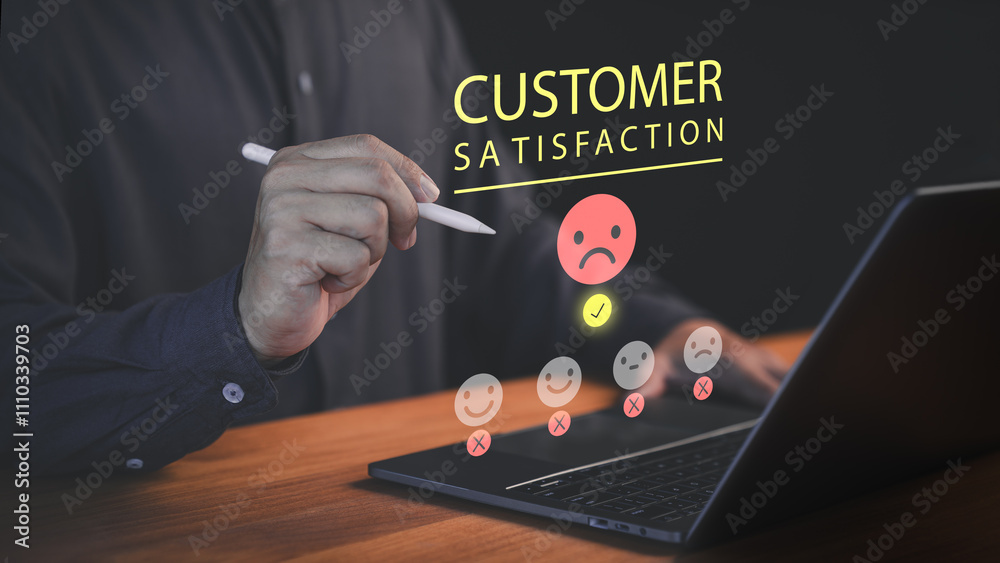 Fototapete online customer review satisfaction feedback survey. member use a laptop give a angry emotion face o