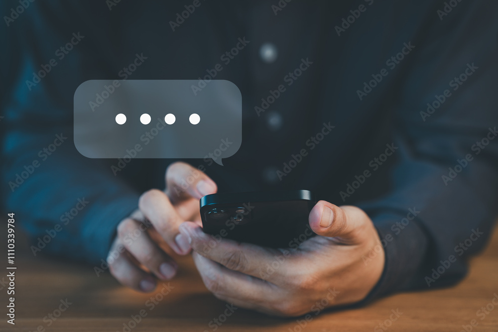 Aufkleber young man using a smartphone with social media, typing live chat chatting on application communicati