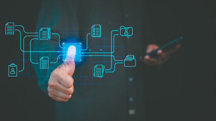 A digital fingerprint authentication concept showcasing a glowing thumbprint scan connected to...