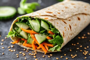 A delicious veggie-packed wrap with hummus, fresh greens, shredded carrots, cucumber slices, and avocado, wrapped in a whole-grain tortilla, representing a healthy and portable meal option