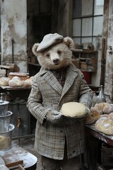 A happy bear dressed as a baker, kneading dough in a rustic bakery