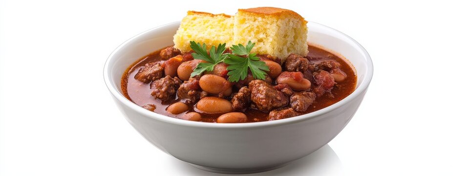 A bowl of hearty beef chili with beans and cornbread, isolated white background, hyperrealism art style