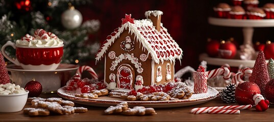 A decorated gingerbread house sitting on a snowy windowsill, with a Christmas tree glowing inside the house