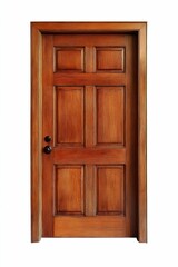Six-panel wood door, dark brown, simple knob.