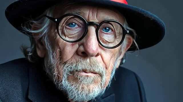 Unique portrait of an elderly man showcasing deep blue eyes and a stylish hat with a vivid brim in a close-up shot