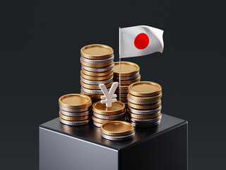 Yen currency sign money exchange of gold cash coin on 3d Japan flag background with global financial jpy symbol. Wealth business finance economy banking investment savings profit rate value concept.