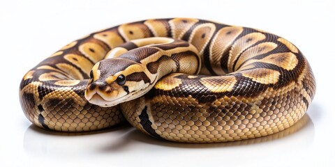 Obraz premium Isolated Night Photography of a Chubby Cute Ball Python on a White Background Capturing the Serpent's Unique Patterns and Textures in a Softly Lit Atmosphere